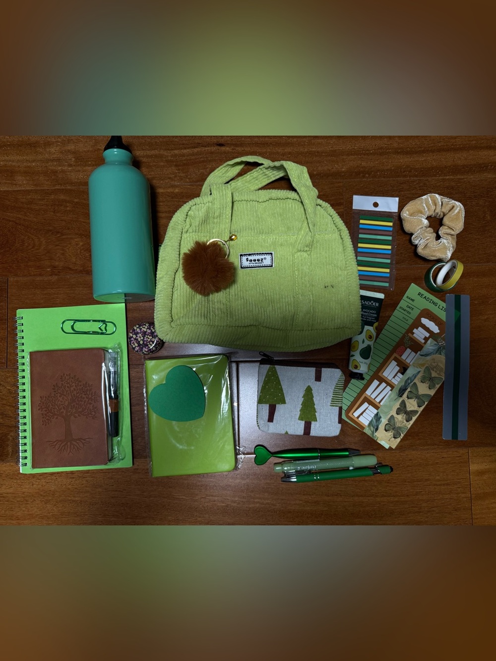 Green Bookish Bundle with corduroy pencil case and water bottle